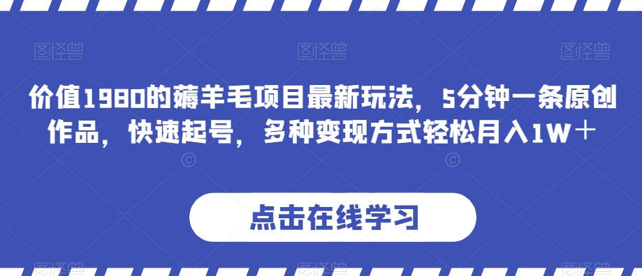 价值1980的薅羊毛项目最新玩法，5分钟一条原创作品，快速起号，多种变现方式轻松月入1W＋【揭秘】-888资源网