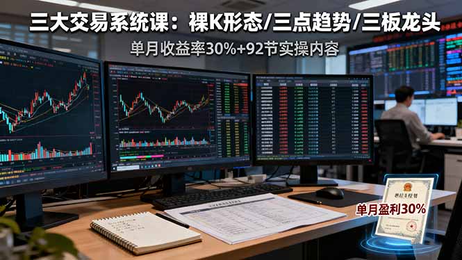 （16269期）三大交易系统课：裸K形态/三点趋势/三板体系，单月收益率30%+92节实操内容
