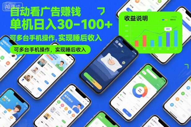 自动看广告賺钱，单机日入30-100+，可多台手机操作，实现睡后收入