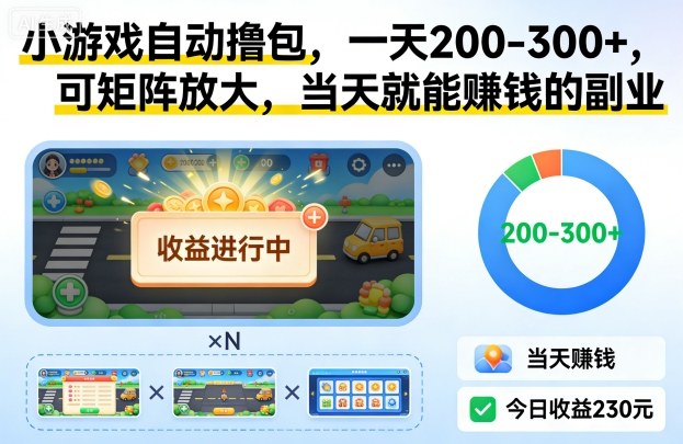 小游戏自动撸包，一天200-300+，可矩阵放大，当天就能賺钱的副业