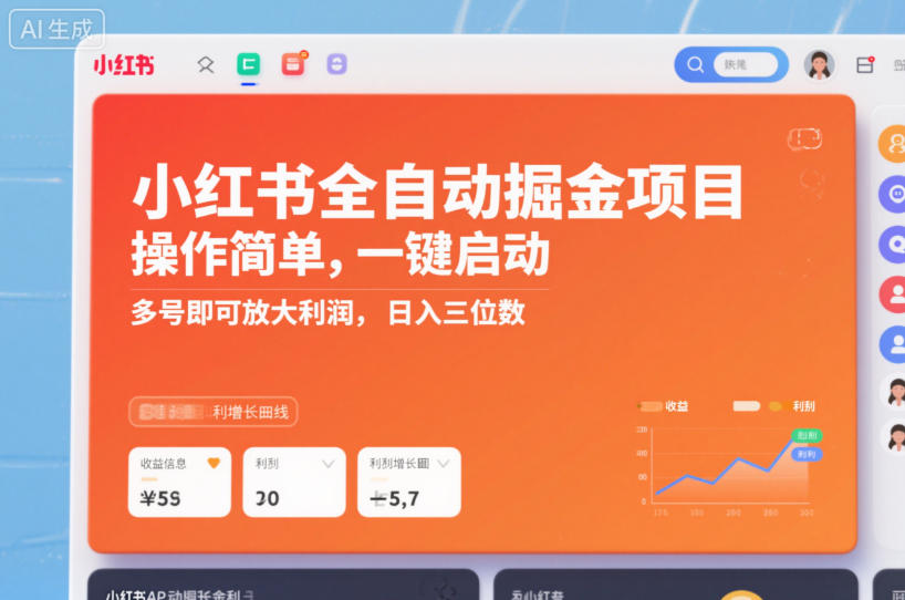 小红书全自动掘金项目，操作简单，一键启动，多号即可放大利润，日入三位数