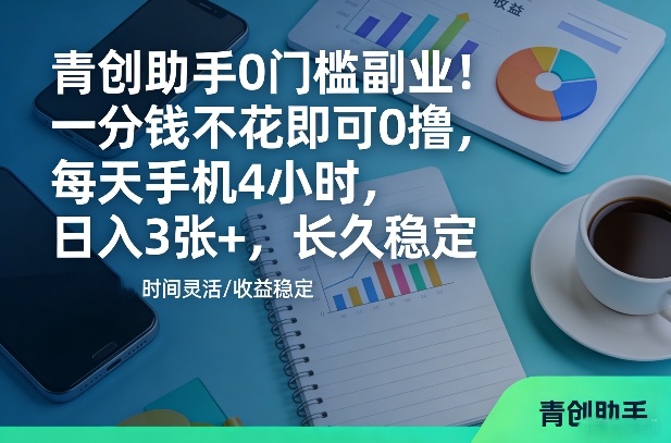 青创助手0门槛副业！一分钱不花即可0撸，每天手机4小时，日入3张+，长久稳定