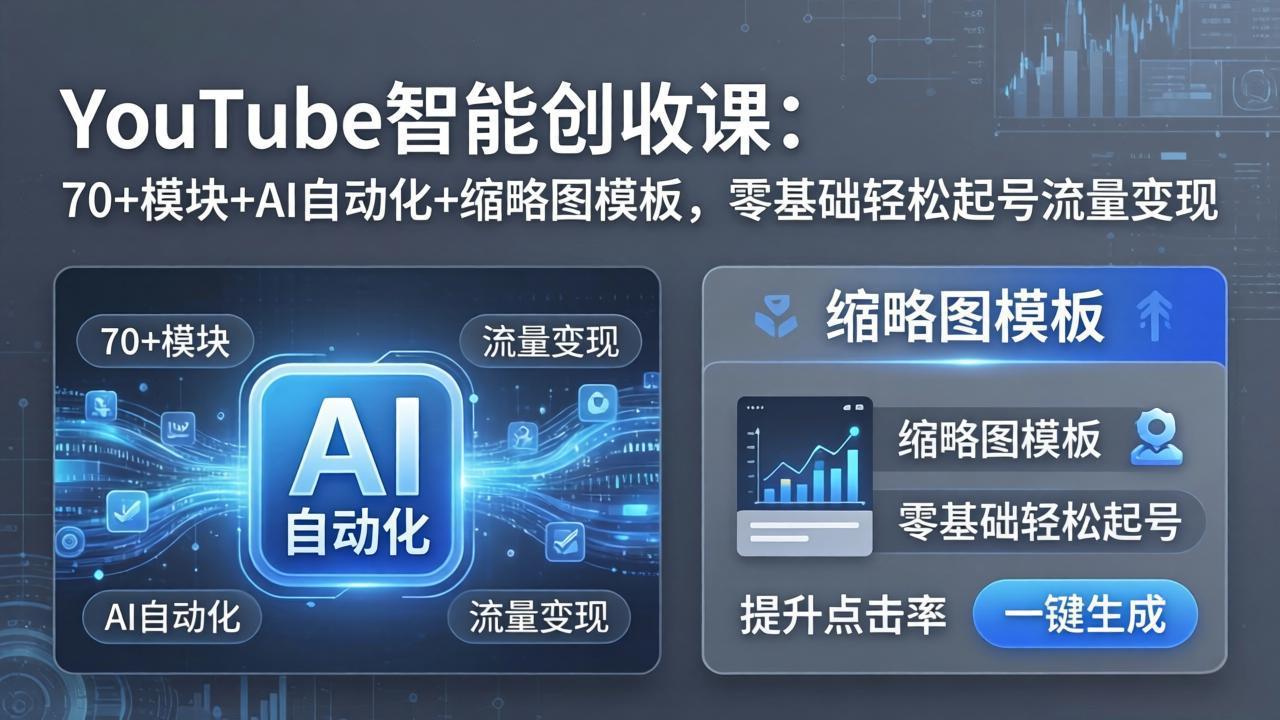 （17926期）YouTube智能创收课：70+模块+AI自动化+缩略图模板，零基础轻松起号流量变现