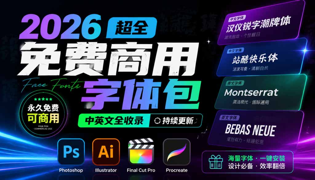 (19982期)2026超全免费商用字体包字体中英文,涵盖ps/ai/fcpx/procreate 字库