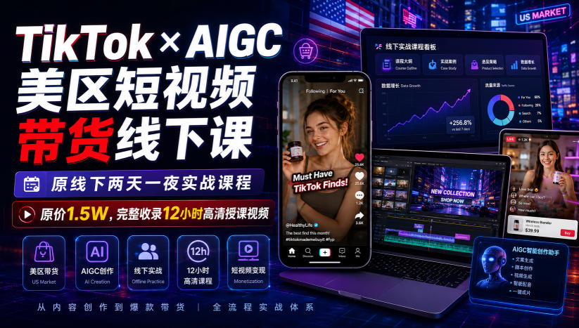 TikTok×AIGC美区短视频带货线下课，原线下两天一夜实战课程，原价1.5W，完整收录12小时高清授课视频