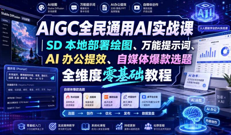 AIGC全民通用AI实战课｜SD本地部署绘图、万能提示词、AI办公提效、自媒体爆款选题全维度零基础教程