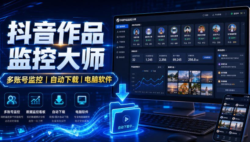 抖音作品监控大师,多账号监控丨自动下载丨电脑软件