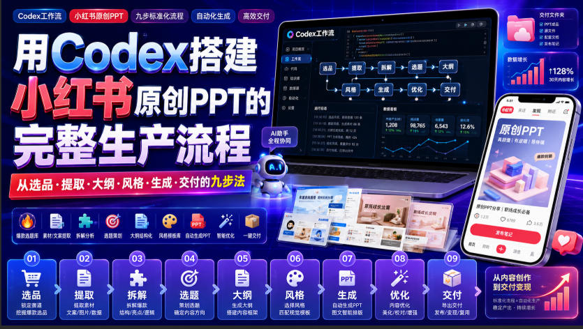 用Codex搭建小红书原创PPT的完整生产流程，从选品·提取·大纲·风格·生成·交付的九步法