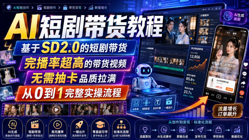 AI短剧带货教程,基于SD2.0的短剧带货,完播率超高的带货视频,无需抽卡品质拉满,从0到1完整实操流程