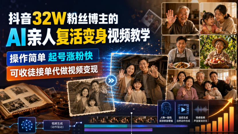抖音32W粉丝博主的AI亲人复活变身视频教学，操作简单，起号涨粉快，可收徒接单代做视频变现