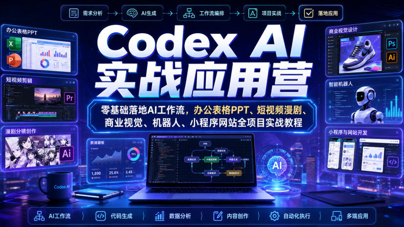 Codex AI实战应用营｜零基础落地AI工作流，办公表格PPT、短视频漫剧、商业视觉、机器人、小程序网站全项目实战教程