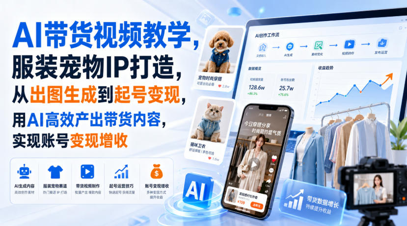 AI带货视频教学,服装宠物IP打造,从出图生成到起号变现,用AI高效产出带货内容,实现账号变现增收