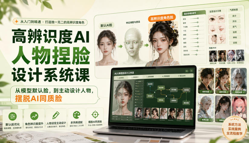 高辨识度AI人物捏脸设计系统课,从模型默认脸,到主动设计人物,摆脱AI同质脸