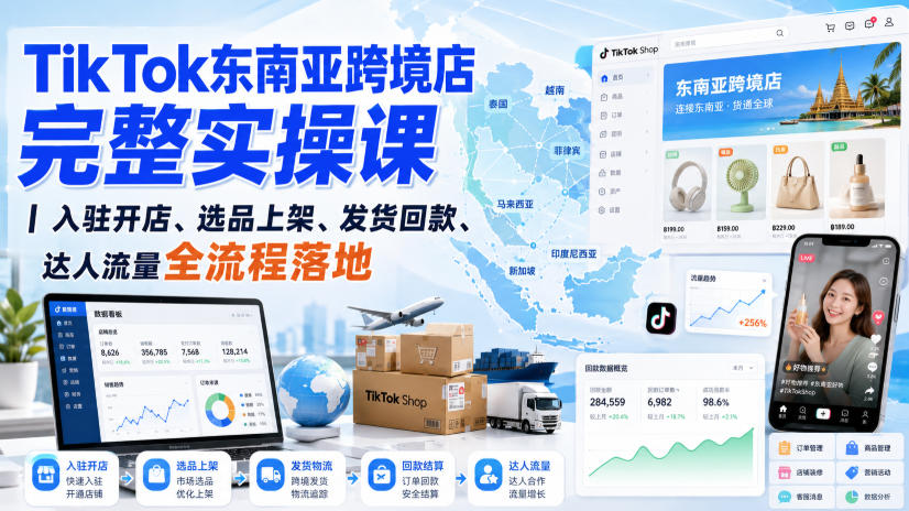 TikTok东南亚跨境店完整实操课|入驻开店、选品上架、发货回款、达人流量全流程落地