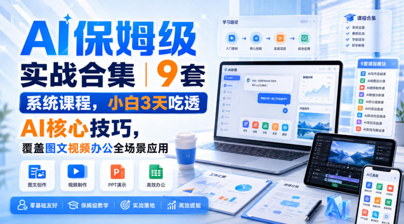 AI保姆级实战合集|9套系统课程,小白3天吃透AI核心技巧,覆盖图文视频办公全场景应用