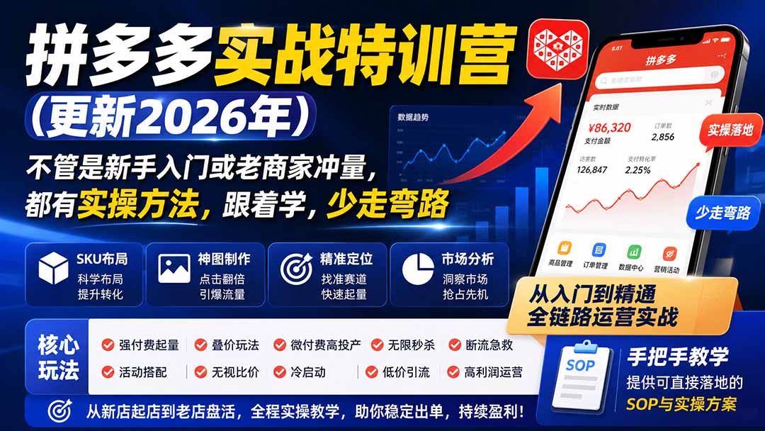 (19988期)拼多多实战特训营(更新26年0821):不管是新手入门或老商家冲量,都有实操方法,跟着学,少走弯路