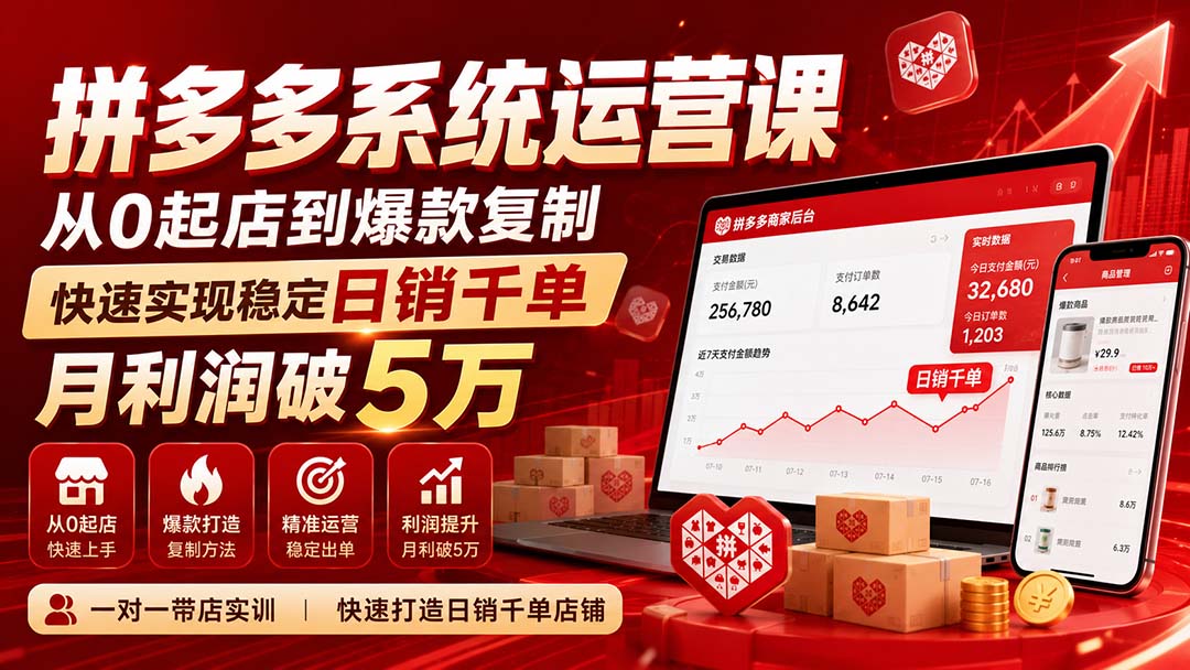 (20124期)拼多多系统运营课(更新8月),从0起店到爆款复制,快速实现稳定日销千单,月利润破5万