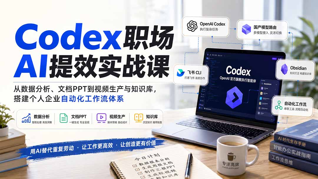 (20057期)Codex职场AI提效实战课:从数据分析、文档PPT到视频生产与知识库,搭建个人企业自动化工作流体系