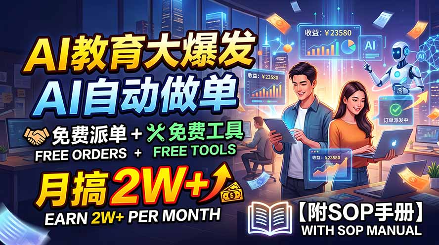 （19731期）AI教育大爆发，AI自动做单，免费派单+免费工具，月搞2W+【附SOP手册】