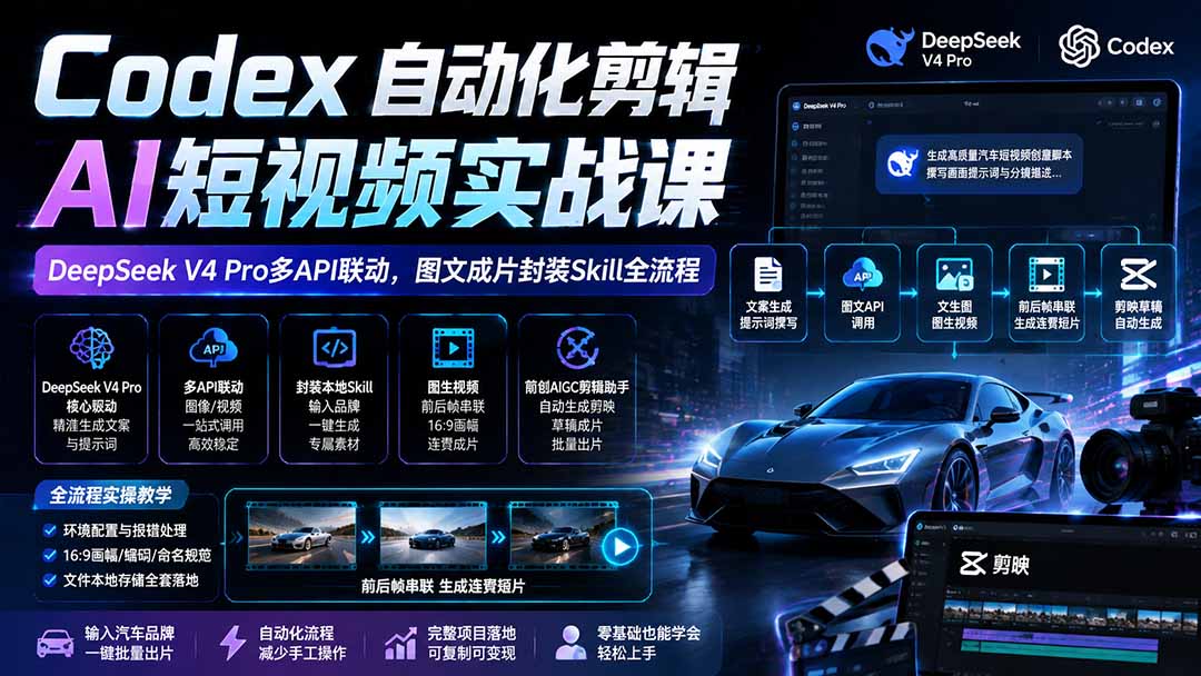 0成本上手！3步用Codex+DeepSeek V4 Pro实现AI短视频自动剪辑与图文成片变现