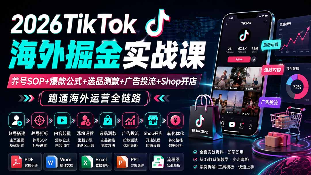 （19973期）2026TikTok海外掘金实战课——养号SOP+爆款公式+选品测款+广告投流+Shop开店，跑通海外运营全链路