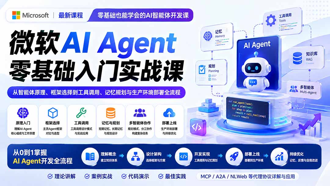（19977期）微软AI Agent零基础入门实战课：从智能体原理、框架选择到工具调用、记忆规划与生产环境部署全流程