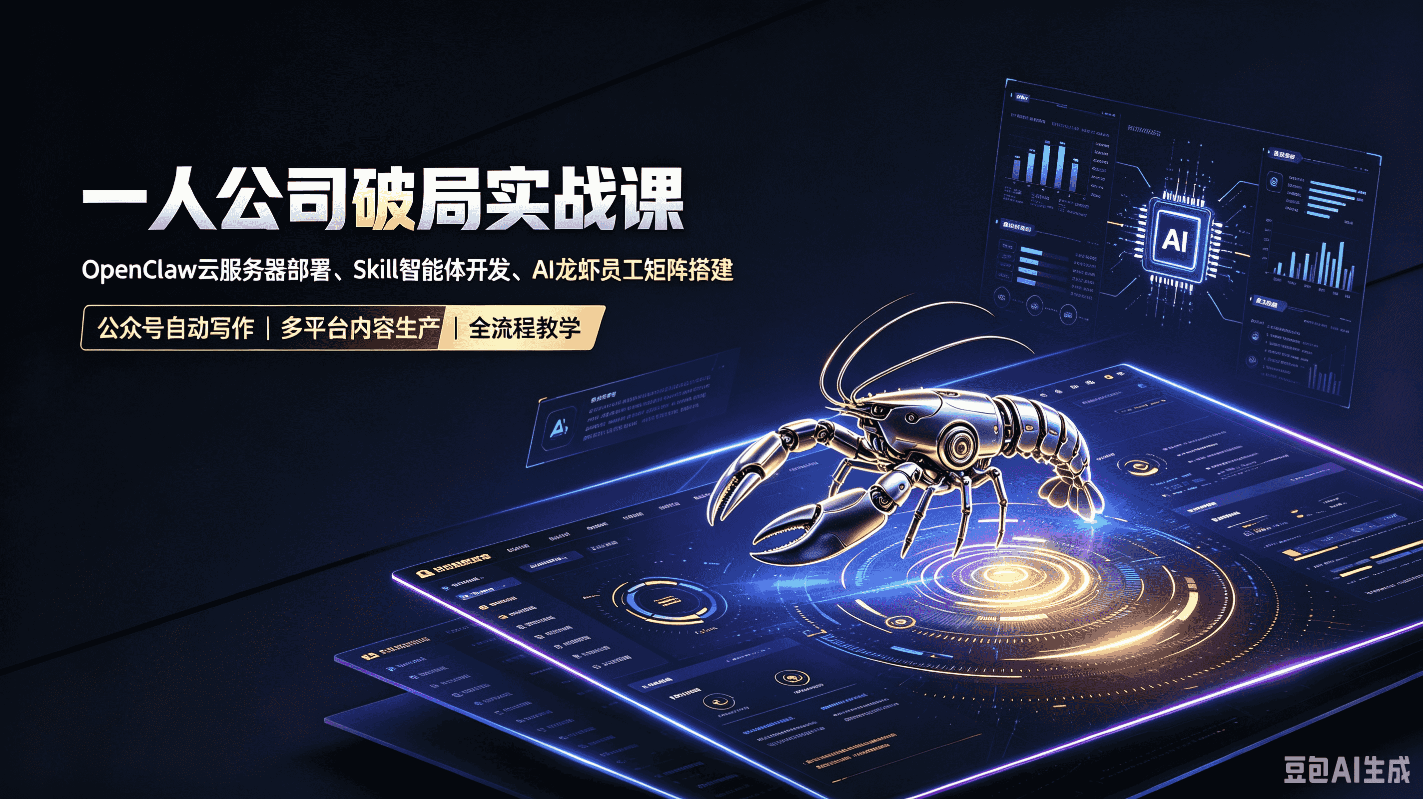 一人公司破局实战课|OpenClaw云服务器部署、Skill智能体开发、AI龙虾员工矩阵搭建,公众号自动写作与多平台内容生产全流程教学