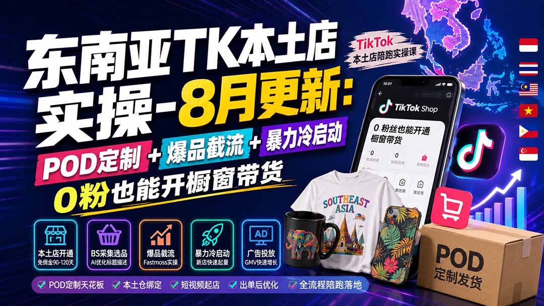 （19963期）东南亚TK本土店实操-8月更新：POD定制+爆品截流+暴力冷启动，0粉也能开橱窗带货