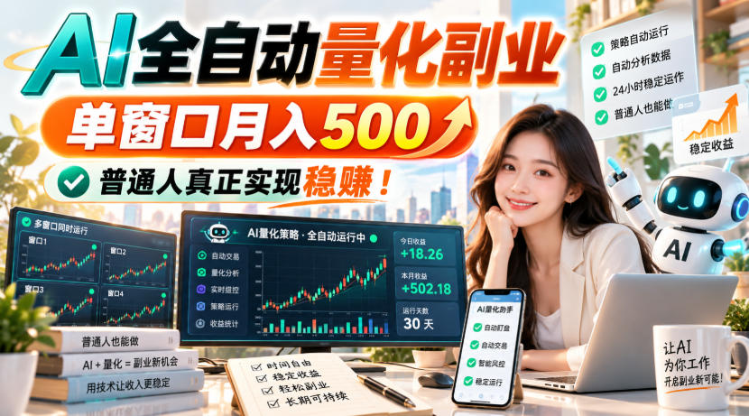 （20734期）AI全自动量化副业，单窗口月入500，普通人真正实现稳赚！