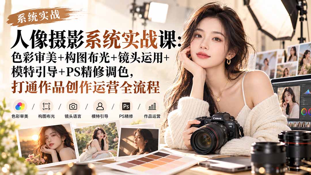 （20623期）【无水印】人像摄影系统实战课：色彩审美+构图布光+镜头运用+模特引导+PS精修调色，打通作品创作运营全流程