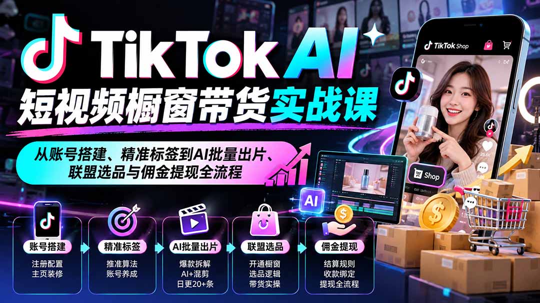 (20725期)TikTok AI短视频橱窗带货实战课:从账号搭建、精准标签到AI批量出片、联盟选品与佣金提现全流程