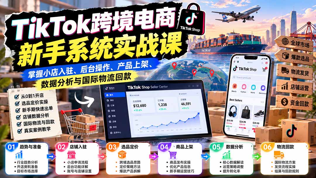 （20672期）TikTok跨境电商新手系统实战课：掌握小店入驻、后台操作、产品上架、数据分析与国际物流回款