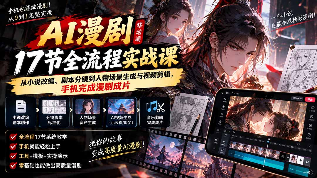 （20624期）AI漫剧移动端17节全流程实战课：从小说改编、剧本分镜到人物场景生成与视频剪辑，手机完成漫剧成片