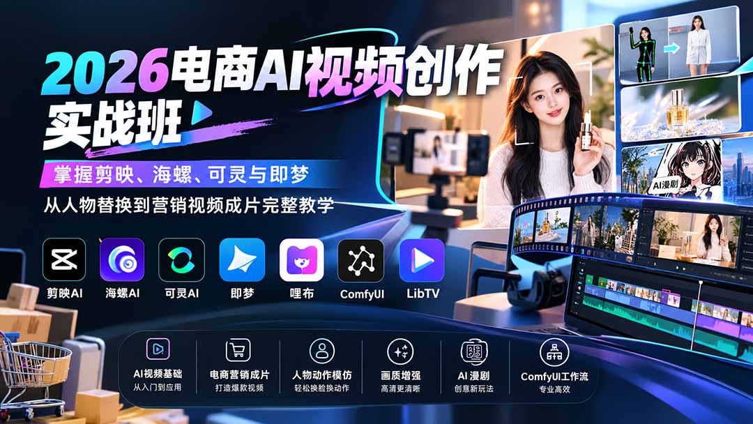 （20466期）2026电商AI视频创作实战班：掌握剪映、海螺、可灵与即梦，从人物替换到营销视频成片完整教学