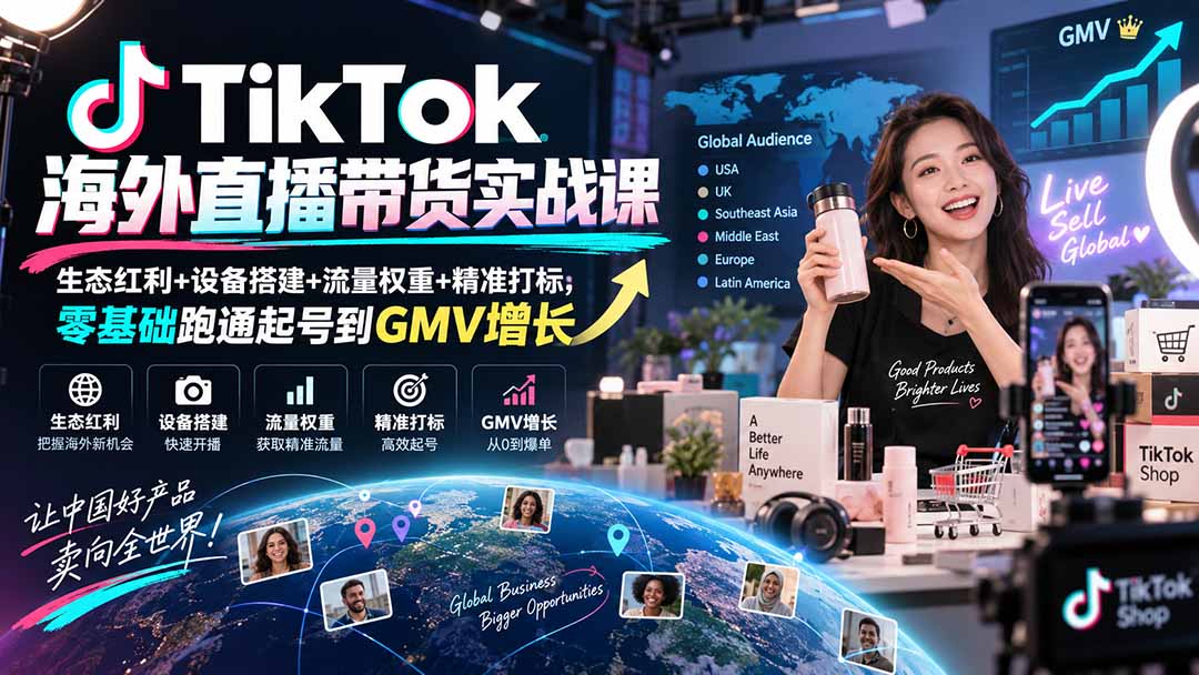 (20465期)TikTok海外直播带货实战课|生态红利+设备搭建+流量权重+精准打标,零基础跑通起号到GMV增长