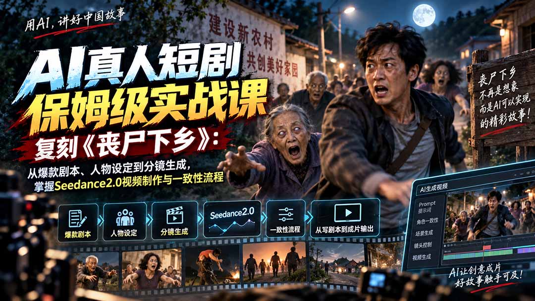 （20360期）AI真人短剧保姆级实战课，复刻《丧尸下乡》：从爆款剧本、人物设定到分镜生成，掌握Seedance2.0视频制作与一致性流程