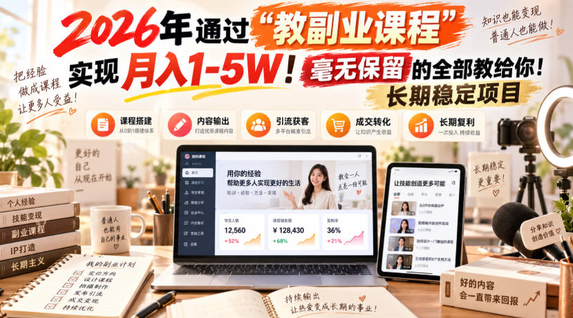 2026年通过“教副业”实现月入1-5W！毫无保留的全部教给你！长期稳定项目