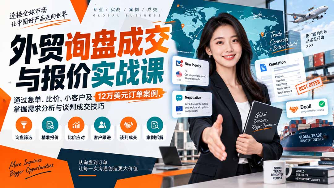 (20424期)外贸询盘成交与报价实战课:通过急单、比价、小客户及12万美元订单案例,掌握需求分析与谈判成交技巧