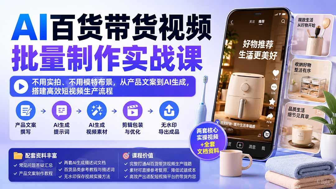 （20179期）AI百货带货视频批量制作实战课：不用实拍、不用模特布景，从产品文案到AI生成，搭建高效短视频生产流程
