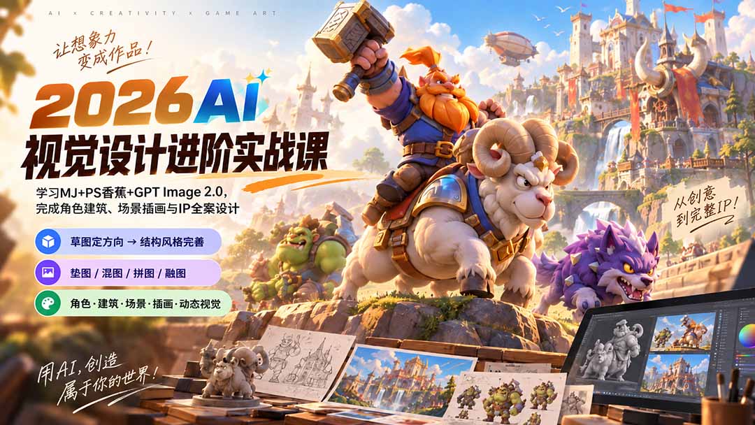 (20424期)2026AI视觉设计进阶实战课-更新:学习MJ+PS香蕉+GPT Image 2.0,完成角色建筑、场景插画与IP全案设计