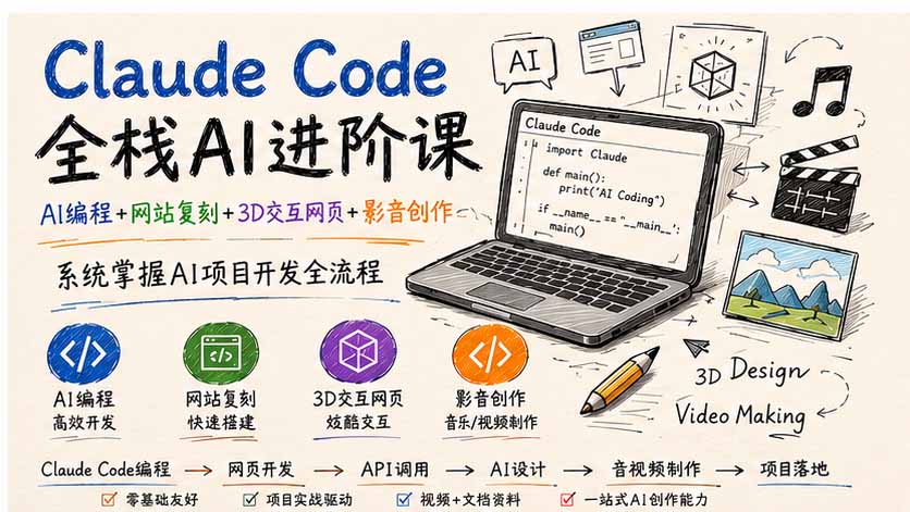 （20188期）Claude Code全栈AI进阶课-更新；AI编程+网站复刻+3D交互网页+影音创作，系统掌握AI项目开发全流程