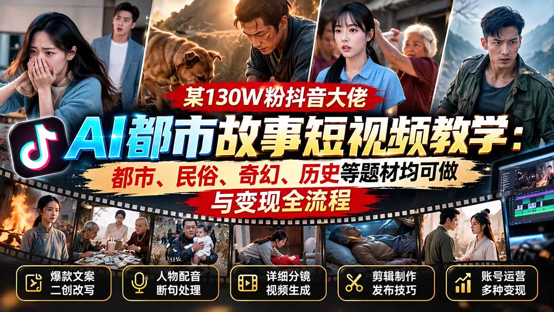 (20692期)某130W粉抖音大佬AI都市故事短视频教学:都市、民俗、奇幻、历史等题材均可做与变现全流程
