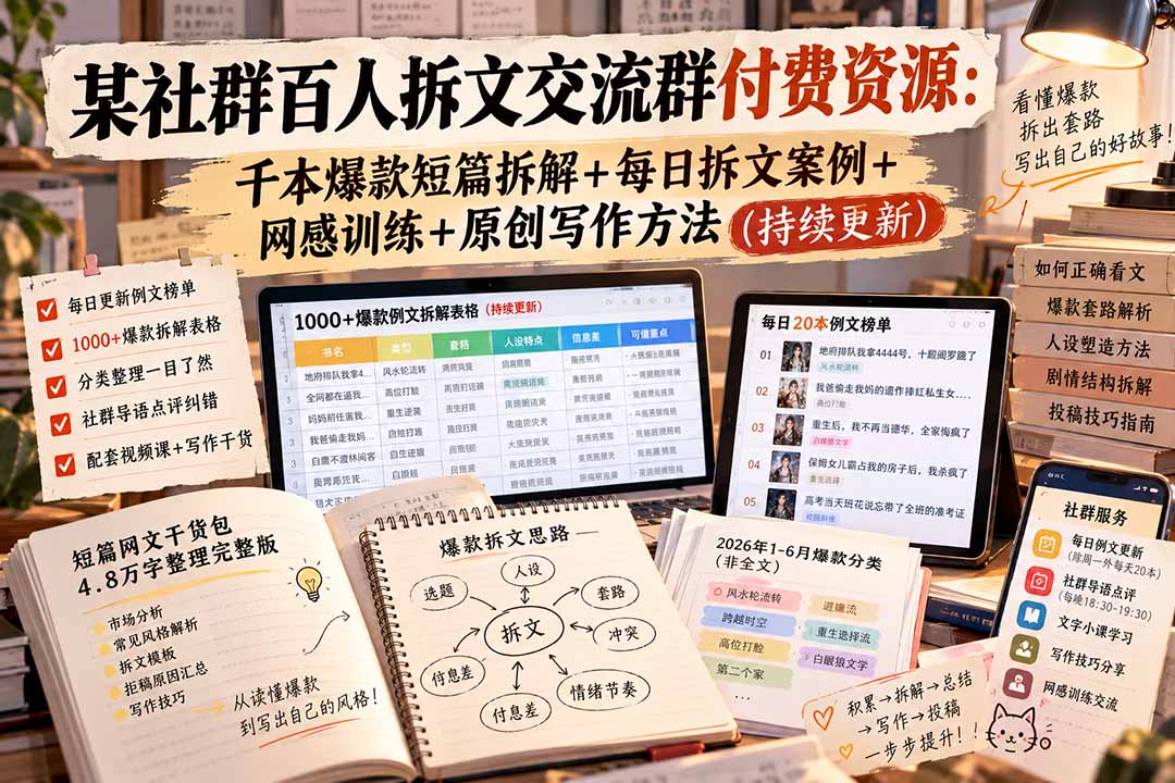 (20635期)某社群百人拆文交流群付费资源:千本爆款短篇拆解+每日拆文案例+网感训练+原创写作方法 (持续更新)