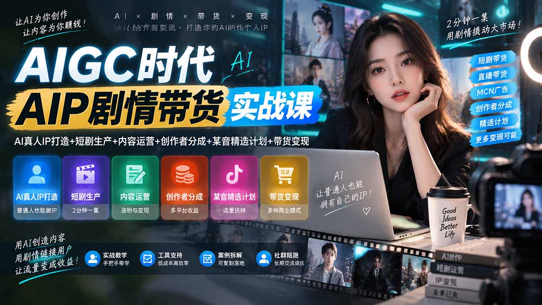 （20567期）AIGC时代AI剧情带货实战课｜AI真人IP打造+短剧生产+内容运营+创作者分成、某音精选计划+带货变现