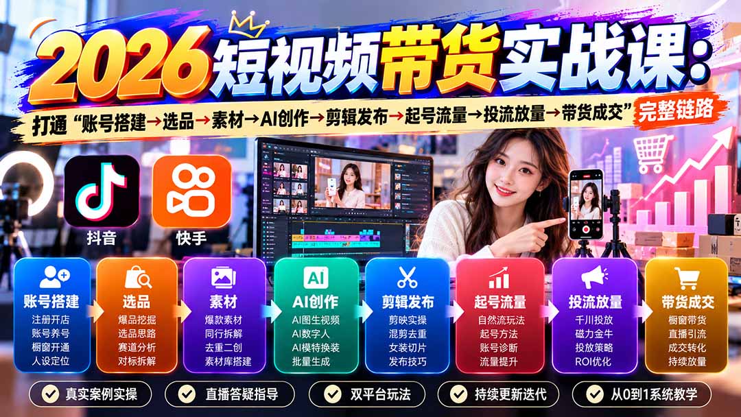 （20731期）2026短视频带货实战课9月：打通“账号搭建→选品→素材→AI创作→剪辑发布→起号流量→投流放量→带货成交”完整链路