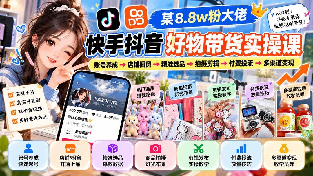 （20733期）某8.8w粉大佬快手抖音好物带货实操课：账号养成→店铺橱窗→精准选品→拍摄剪辑→付费投流→多渠道变现
