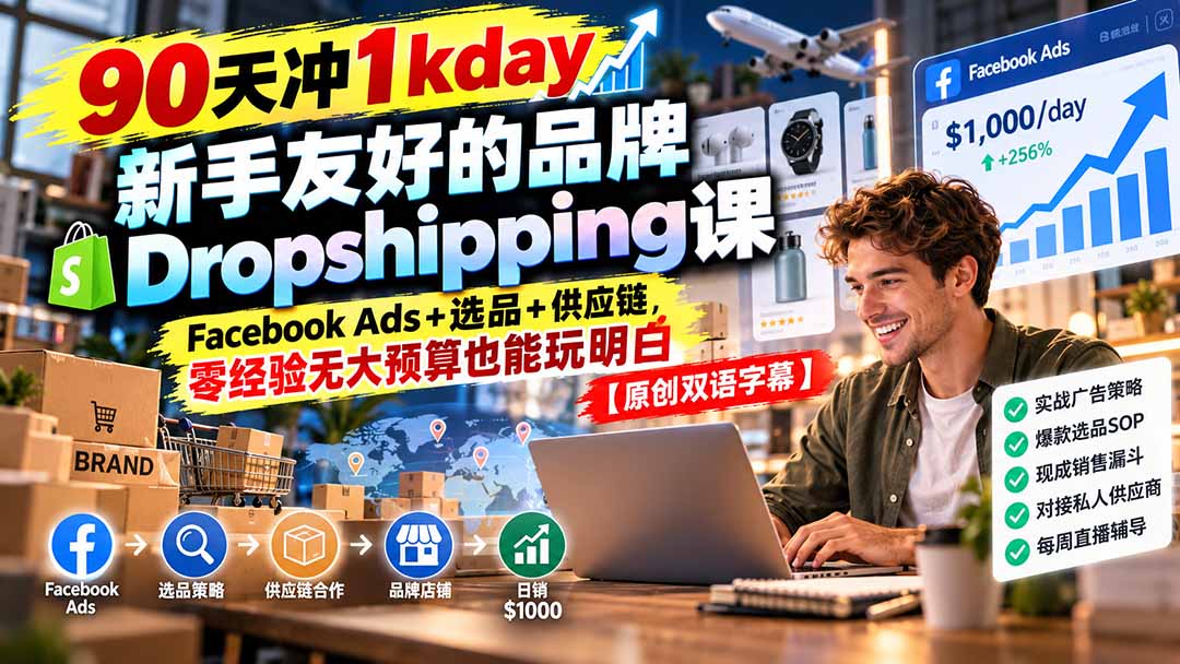 （20738期）90天冲1kday 新手友好的品牌Dropshipping课：Facebook Ads+选品+供应链，零经验无大预算也能玩明白【原创双语字幕】