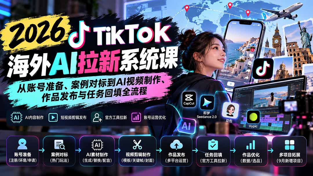 (20675期)【无水印】2026 TikTok海外AI拉新系统课:从账号准备、案例对标到AI视频制作、作品发布与任务回填全流程