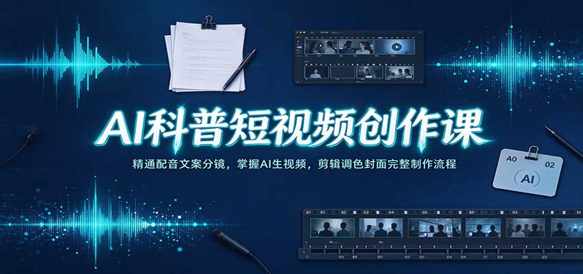 AI科普短视频创作课:精通配音文案分镜,掌握AI生视频,剪辑调色封面完整制作流程