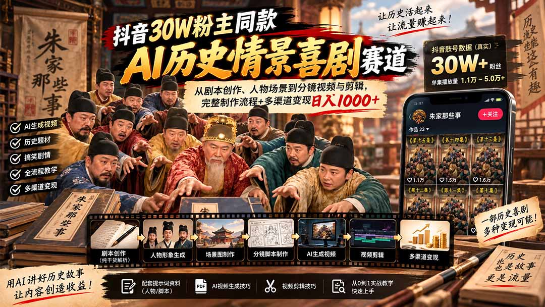 （20613期）抖音30W粉博主同款AI历史情景喜剧赛道：从剧本创作、人物场景到分镜视频与剪辑，完整制作流程+多渠道变现日入1000+